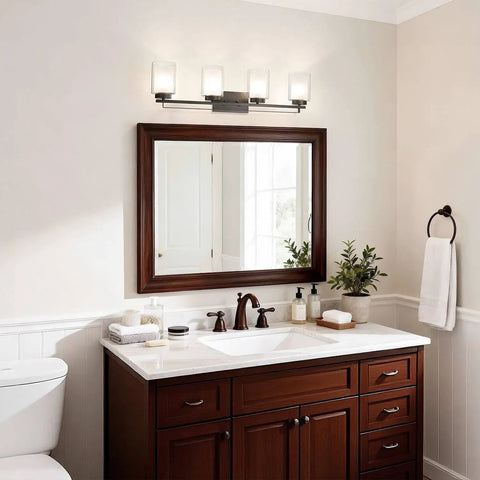Four Light Dark Bronze Vanity Light With Dual Glass Shades, Hardwired Bathroom Wall Mount over bathroom mirror