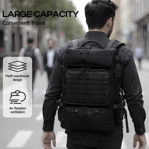Rear view of person wearing 35L Tactical Backpack With Shoe Compartment For Men, 1000D Water Resistant MOLLE Rucksack For Outdoor Survival, Hiking, Travel, Gym, Military Style Gear Bag Black with multi-warehouse design and air flotation ventilation