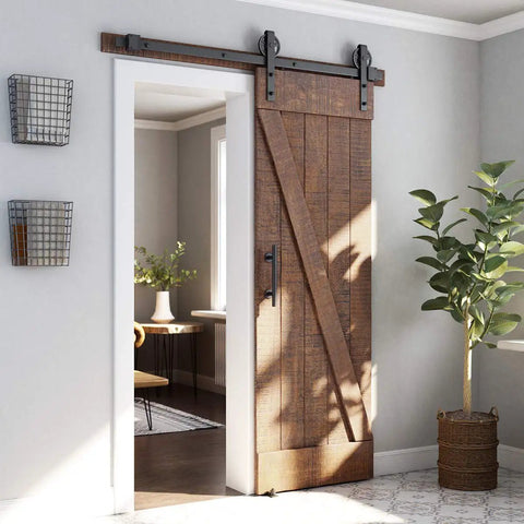 Wooden door with Beefy Heavy Duty Sliding Barn Door Hardware Kit 5ft Black With Pull Handle Set and Floor Guide in modern room