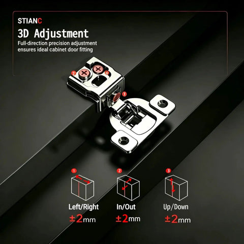 Close-up of 3D adjustment feature on 50 Pack One And A Half Inch Overlay 3D Soft Close Cabinet Hinges for Face Frame Kitchen Cabinets.