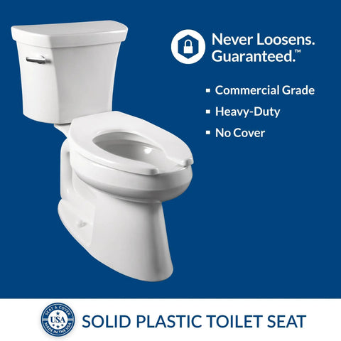 Commercial Open Front Plastic Toilet Seat Built For Busy High Traffic Heavy Use Restrooms Heavy Duty Round White Snap Fastening.