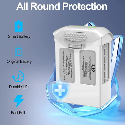 Two Pack 5870mAh 15.2V Smart Flight Battery Kit With Charger For DJI 4 Pro V2.0 Advanced RTK Drones shown with protection features