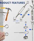 Heavy Duty One Eighth Inch Wire Rope Kit 165FT Stainless Steel Cable with M5 Turnbuckles, Hooks, Clamps, and Thimbles