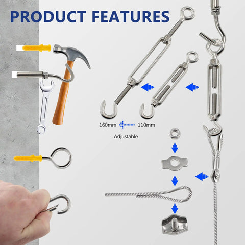 Heavy Duty One Eighth Inch Wire Rope Kit 165FT Stainless Steel Cable with M5 Turnbuckles, Hooks, Clamps, and Thimbles