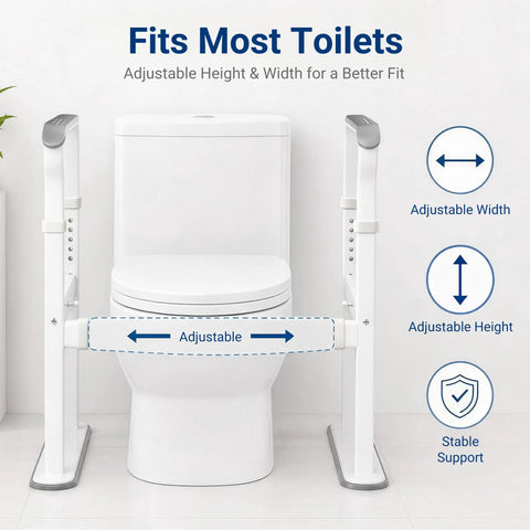 Bombproof Toilet Safety Rails With 500 Lb Capacity For Seniors And Elders, Adjustable Grab Bars, showing adjustable height and width features.