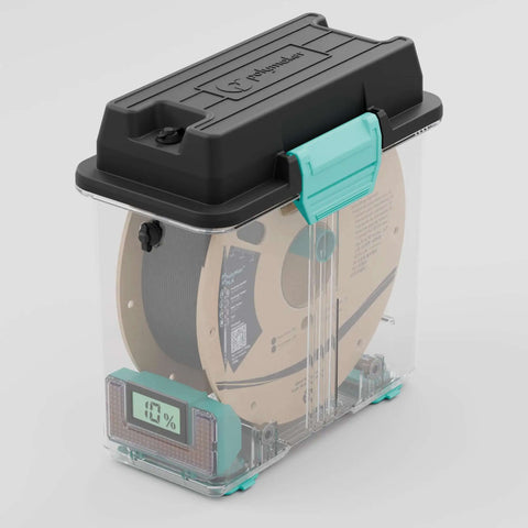 PolyDryer Box 3D Printing Filament Storage And Continuous Sealing System with spool, moisture display, fits 1.75mm and 2.85mm filaments.