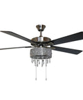 Drop Dead Gorgeous 52 Inch Crystal Chandelier Ceiling Fan With Integrated LED Lights And Smooth Airflow Featuring Satin Nickel Finish Plus K9 Hanging Crystals, overhead view with dark blades.