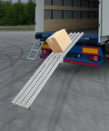 Heavy Duty Foldable Gravity Conveyor Roller 78 Inch Long Unloading Ramp with package sliding down from truck.