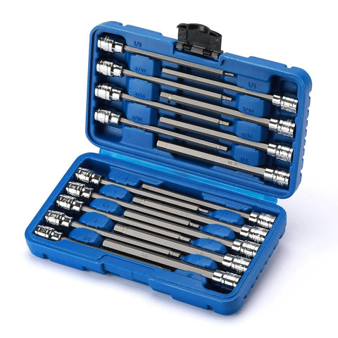 Open blue case displaying Extra Long Hex Bit Socket Set Three Eighths Inch Drive With Chrome Vanadium Steel S2 Bits For SAE And Metric Sizes.