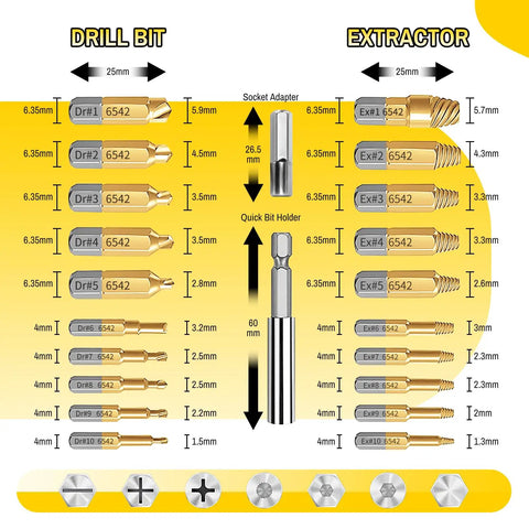 Heavy Duty Screw Extractor Set With Titanium HSS 6542 Bits For Getting Rid Of Broken Bolts, Rusted Screws, And Stripped Nuts, Drill Compatible Easy Out Kit For DIYers And Pros, 22 Pieces, Built For Tough Jobs And Long Lasting Use, components layout showing drill bits, extractors, and socket adapter.
