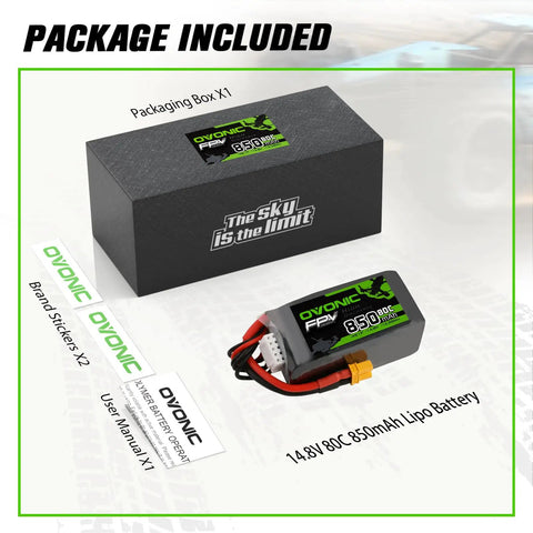 Package contents of 4S 14.8V 850mAh 80C Lipo Battery With XT30 Connector for RC drones, featuring soft case and charging plug.