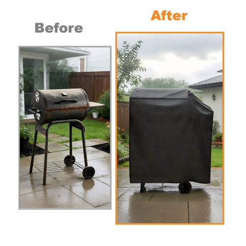 Before and after of grill with Custom Fit 35 Inch Grill Cover For DNKMOR Barrel Charcoal Grill With Side Table And Kendane Outdoor BBQ