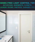 Bathroom with 4 Pack Motion Sensor Light Switch For Indoor Use Only No Fuss Setup With Neutral Wire Required, White wall and door.