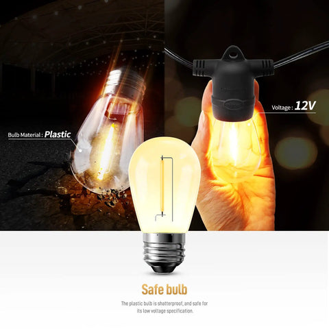Low Voltage Outdoor String Lights With 16 Sockets Spanning 48 Feet Plug In 12V E26 Base shatterproof LED bulb closeup