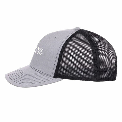 Side view of Vintage Heather Grey Trucker Hat For Women, Yacht Inspired Summer Cap, Chill Casual One Size Fits Most With Adjustable Buckle