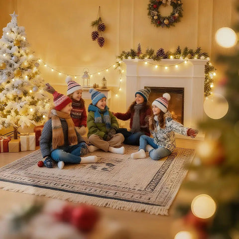 Cozy living room decorated with a Christmas tree, fireplace, and Globe String Lights With 49.2 Feet Total Length, 100 Warm White LEDs, 8 Remote Modes, IP44 Waterproof, UL Certified, Linkable For Indoor And Outdoor Decor, Perfect For Weddings, Parties, Backyards, And Cozy Evenings.