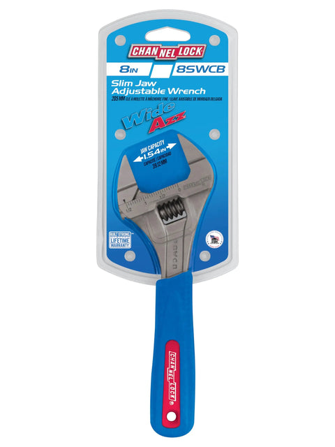 Slim Jaw Adjustable Wrench 8 Inch With Extra Wide Mouth And Precise Grip For Tight Spots Code Blue Finish in packaging