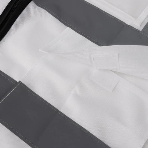 Close-up of the interior details of a White High Visibility Safety Vest With Five Handy Pockets And Hella Bright Two Inch Reflective Strips Ultra Light Breathable Build Designed For Crew Leaders And Daily Site Rounds Large.