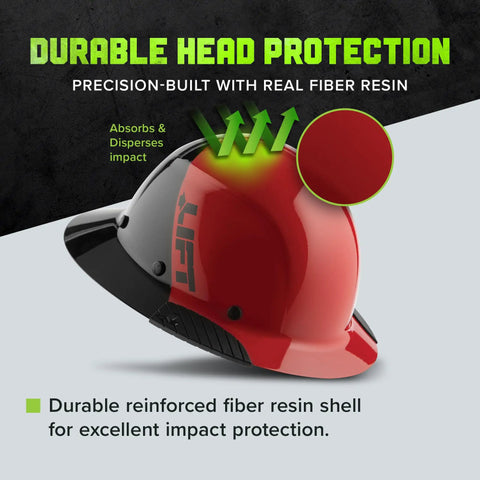 Fiber Reinforced Resin Full Brim Hard Hat With 6 Point Suspension in red and black showing impact absorption feature.