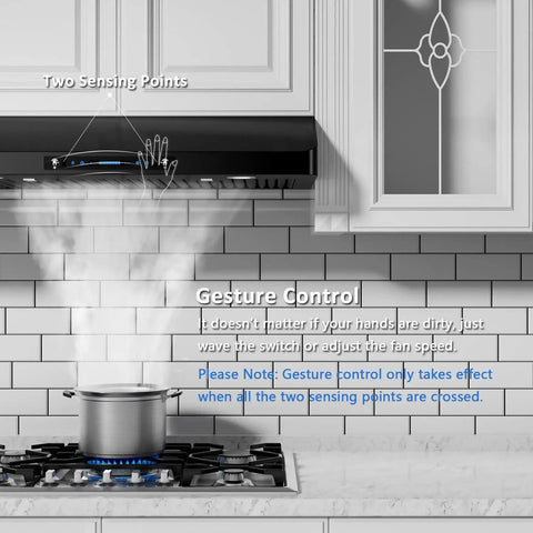 36 Inch Range Hood With 900 CFM Dual Motors Black Under Cabinet Kitchen Vent Hood Featuring Four Speed Gesture Sensing and Touch Control Panel