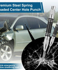 Two Pack Heavy Duty Automatic Center Punch, 5 Inch Premium Steel Spring Loaded Center Hole Marker Tool For Metal, Wood, Plastics, Glass, Adjustable Impact Scriber shown breaking car window