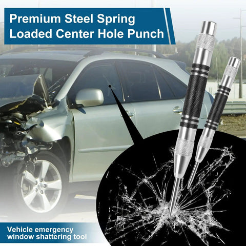 Two Pack Heavy Duty Automatic Center Punch, 5 Inch Premium Steel Spring Loaded Center Hole Marker Tool For Metal, Wood, Plastics, Glass, Adjustable Impact Scriber shown breaking car window