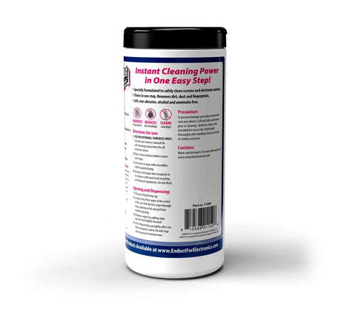 Back view of canister of Screen Cleaning Wipes For Electronics For TV Phone Computer Monitor Laptop Tablet Pre Moistened Alcohol And Ammonia Free Streak Free Dust Smudge Remover 70 Count 6 Pack Gentle No Residue Formula For Safe Use On All Screens.