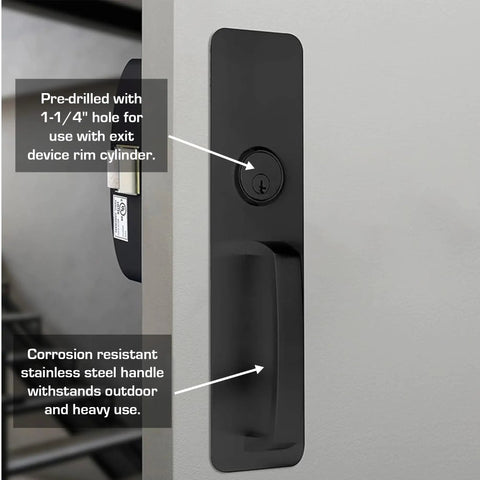 Commercial Door Pull Plate With Cylinder Hole In Sleek Matte Black Finish Built Tough From Rust Proof Stainless Steel For Top Shelf Security And Zero Hassle Install Meets Ansi Grade 1 Ul Listed Ada Compliant Specs