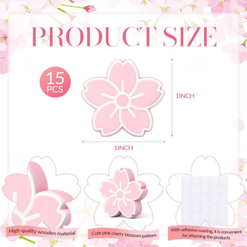 Pink Cherry Blossom PC Case Decor Set Featuring 15 Kawaii Sakura Stickers for Gamer Girls, 1-inch wood with cherry pattern.