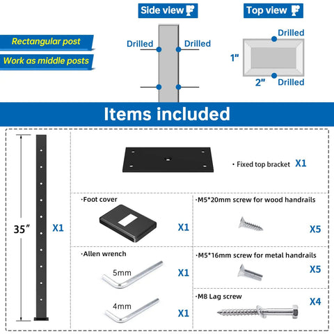 36 Inch Black Rectangular Stainless Steel Cable Railing Intermediate Post With Fixed Top Mount 1 Inch Thick Pre Drilled 10 Holes Brushed Finish diagram of included items