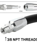 Two Pack 3/8 Inch Reusable Hydraulic Fittings For 3/8 Inch ID Hose Repair Kit Size Six Single Wire Hose Replacement Fittings For Double Wire Braided Hydraulic Hoses, close-up of the 3/8 NPT threads with metal finish.