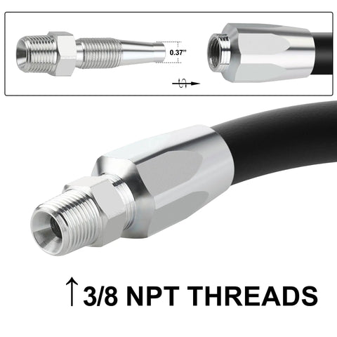 Two Pack 3/8 Inch Reusable Hydraulic Fittings For 3/8 Inch ID Hose Repair Kit Size Six Single Wire Hose Replacement Fittings For Double Wire Braided Hydraulic Hoses, close-up of the 3/8 NPT threads with metal finish.
