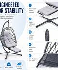 Chill Hanging Egg Chair With Stand And Retractable Footrest In Dark Gray Frame Wicker Rattan Swing Chair With Thick Cushion And Headrest