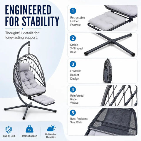 Chill Hanging Egg Chair With Stand And Retractable Footrest In Dark Gray Frame Wicker Rattan Swing Chair With Thick Cushion And Headrest