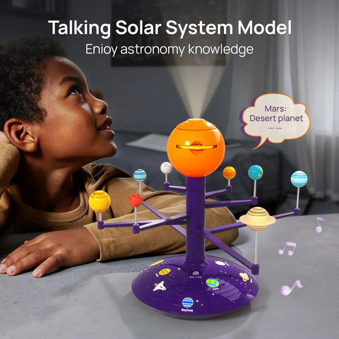 Talking Astronomy Solar System Model Kit For Kids With Immersive Projector, Exhibits 8 Planets Orbiting The Sun On Any Surface, STEM Toy For 5 Plus Year-Olds, Hands-On Space Science Learning, Turns Ceilings Into A Planetarium, child watching tabletop model