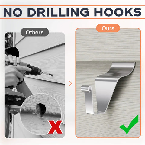 Comparison of drilled vs. no-drill installation of Vinyl Siding Hooks 8 Pack No Drill Clips For Hanging Outdoor Decorations And String Lights, Reusable Heavy Duty Wreath Hangers For Front Porch Patio Decor.
