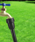 Three Pack One Half Inch Drip Irrigation Tubing To Three Quarters Inch Garden Hose Adapter Fittings connected to outdoor faucet
