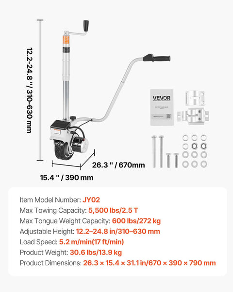 VEVOR Electric Trailer Dolly 5500 Lb Towing Capacity 380W Copper Motorized Jockey Wheel with adjustable height and rubber tire