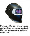 Built Tough Auto Darkening Filter Welding Helmet Zero Lag Shade Switching For Mig TIG Stick Welding Three Lens Sensitivity Settings Professional Shop Ready side view with tinted lens.