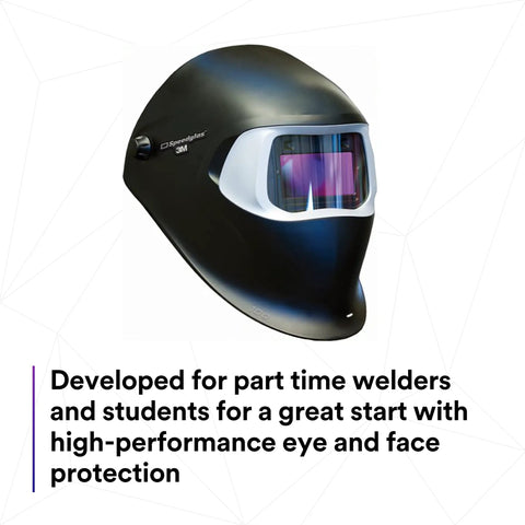 Built Tough Auto Darkening Filter Welding Helmet Zero Lag Shade Switching For Mig TIG Stick Welding Three Lens Sensitivity Settings Professional Shop Ready side view with tinted lens.