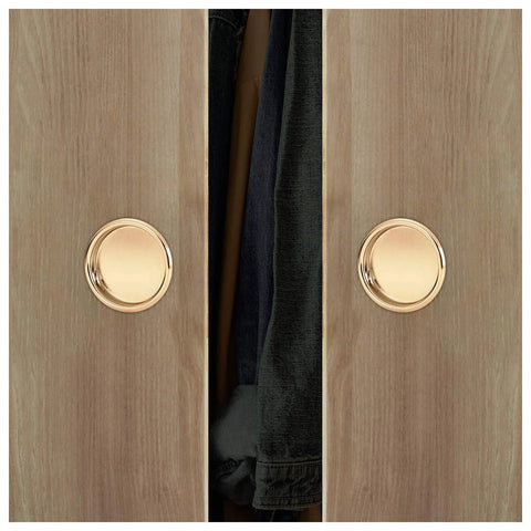 Easy Snap In Closet Door Finger Pull fits a two and one eighth inch hole, 4-Pack durable steel construction, polished brass finish installed on door
