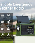 Emergency Solar Radio With Hand Crank And 12000mAh Battery Pack, NOAA AM FM Weather Radio displayed outdoors.