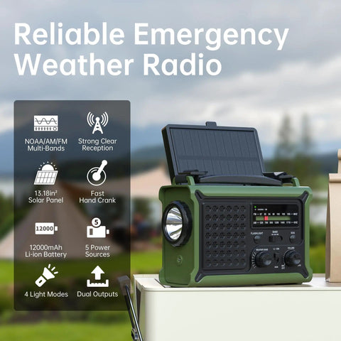 Emergency Solar Radio With Hand Crank And 12000mAh Battery Pack, NOAA AM FM Weather Radio displayed outdoors.
