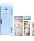 Fresh Blue Mini Metal Locker Box With Reliable Lock And Dope Decorative Stickers Compact Desktop Storage Organizer For Jewelry Cash Stash Girl Gifts Desk Neat Stack next to decorative sticker sheets.