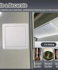 Slick Self Adhesive Access Panel For Hiding Drywall Gaps Concealed Ceiling Door Dead Simple Install Peel Back Wall Patch No Tool Required Snap Fit Inspection Cover White Rectangular 3X3 Inch, installed on ceiling.