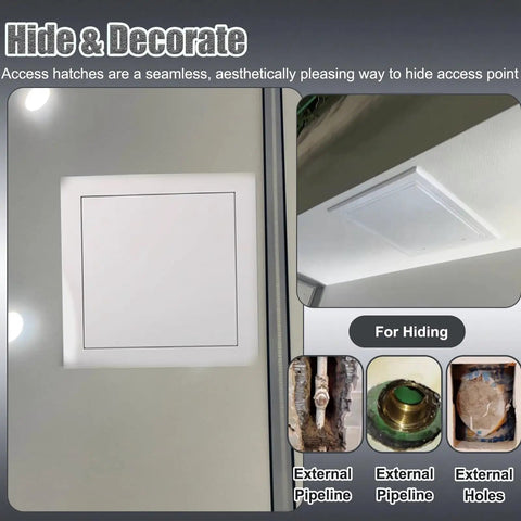 Slick Self Adhesive Access Panel For Hiding Drywall Gaps Concealed Ceiling Door Dead Simple Install Peel Back Wall Patch No Tool Required Snap Fit Inspection Cover White Rectangular 3X3 Inch, installed on ceiling.