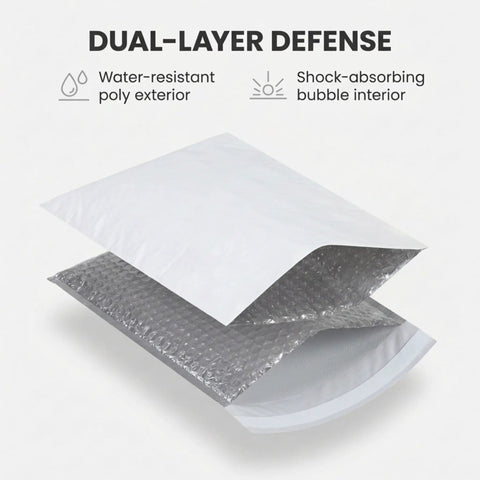 Bubble Mailers 6 Point 5 By 10 Self Seal Padded Envelopes White 250 Pack showing poly exterior and bubble interior