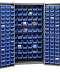 Heavy Duty Deep Door Bin Storage Cabinet Assembled With 156 Blue Plastic Organizers Built Like A Tank For Garage Tools And Shop Gear With Cut Resistant Lock Hasp Real Deal showing interior bins