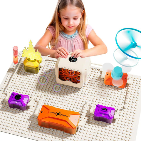 Child using Awesome Hands On Science Kit For Kids With 177 Plus Projects Circuit Exploration Set For Boys And Girls Ages 5 To 12 Educational Electronics Toys For STEM Learning And Birthday Gifts, experimenting with circuit board and components.