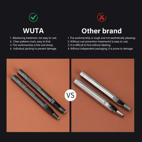 Comparison of WUTA and other brand of Eight Size Oval Leather Hole Punch Set 2x4mm to 6x10mm, showing quality differences.